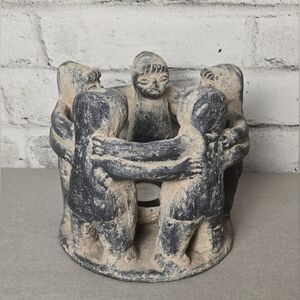 Vintage Mexican “Circle of Friends” Pottery Candle Holder 7” Folk Art